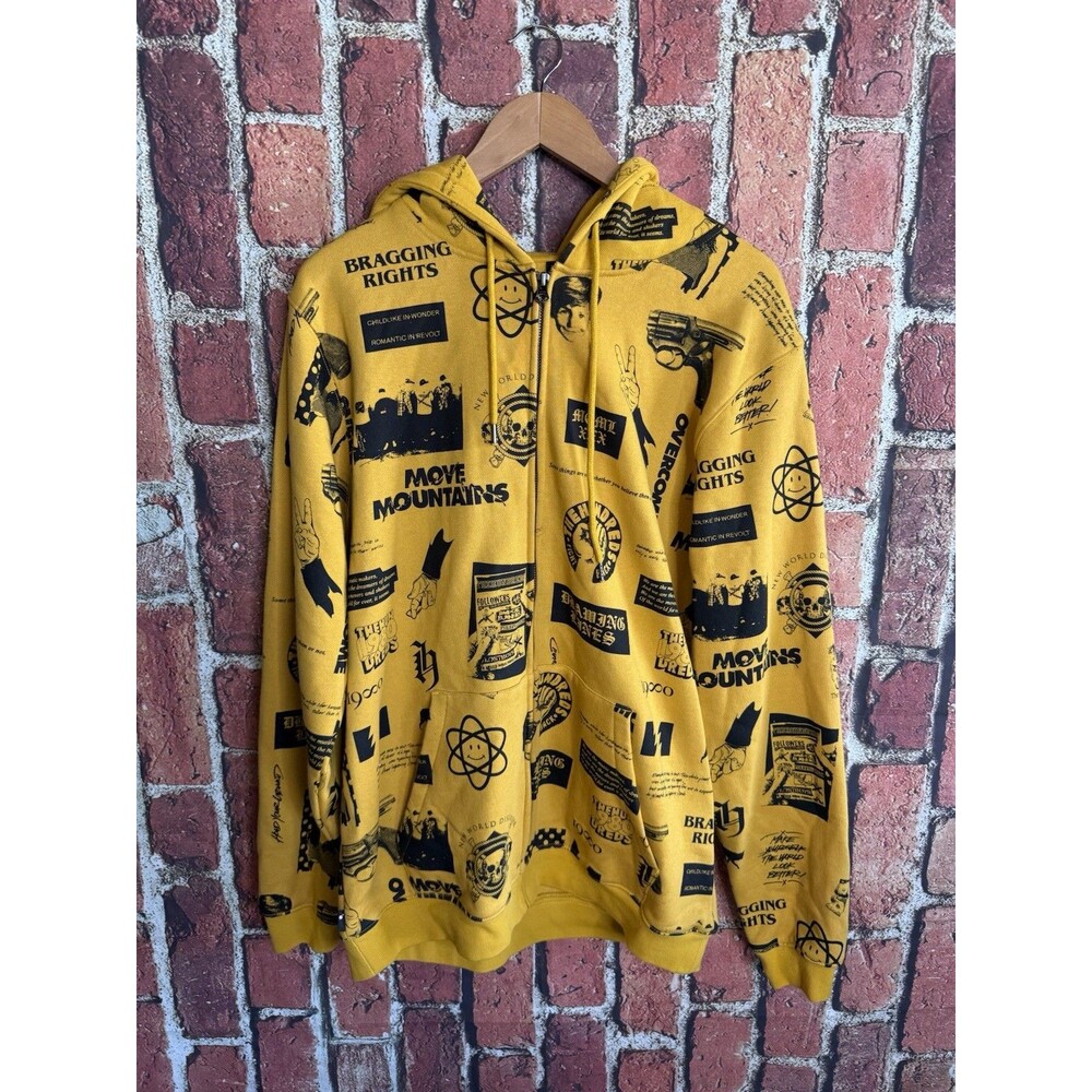 The Hundreds Mens Yellow Full Zip Hooded Sweatshirt AOP Move Mountains Size L
